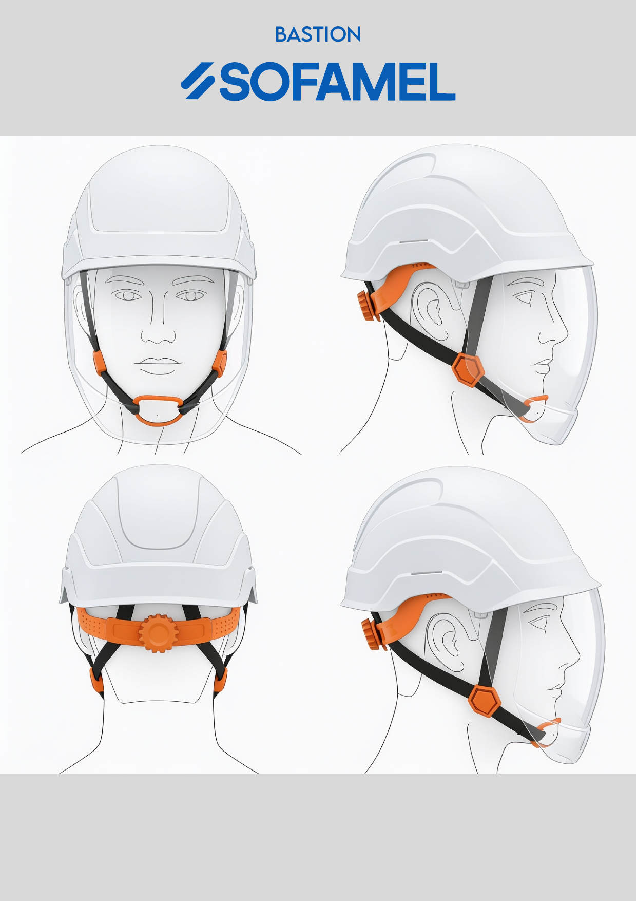Casco Bastion en cuatro vistas: frontal, perfil, posterior y tres cuartos